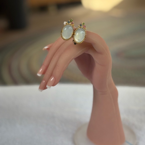 Vintage Mid-Century Moonstone & Rhinestone Clip-On Earrings - Picture 7 of 11